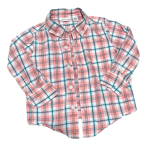Janie and Jack Peach and Blue Plaid Button Down Shirt - Picture 1 of 6
